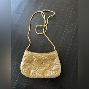 VALERIE STEVENS Gold Beaded Floral Evening Crossbody Bag